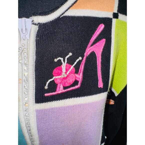 Berek Black Pink Knit Cardigan Multicolor High Heel Shoe Novelty Artsy Sweater - Picture 9 of 9